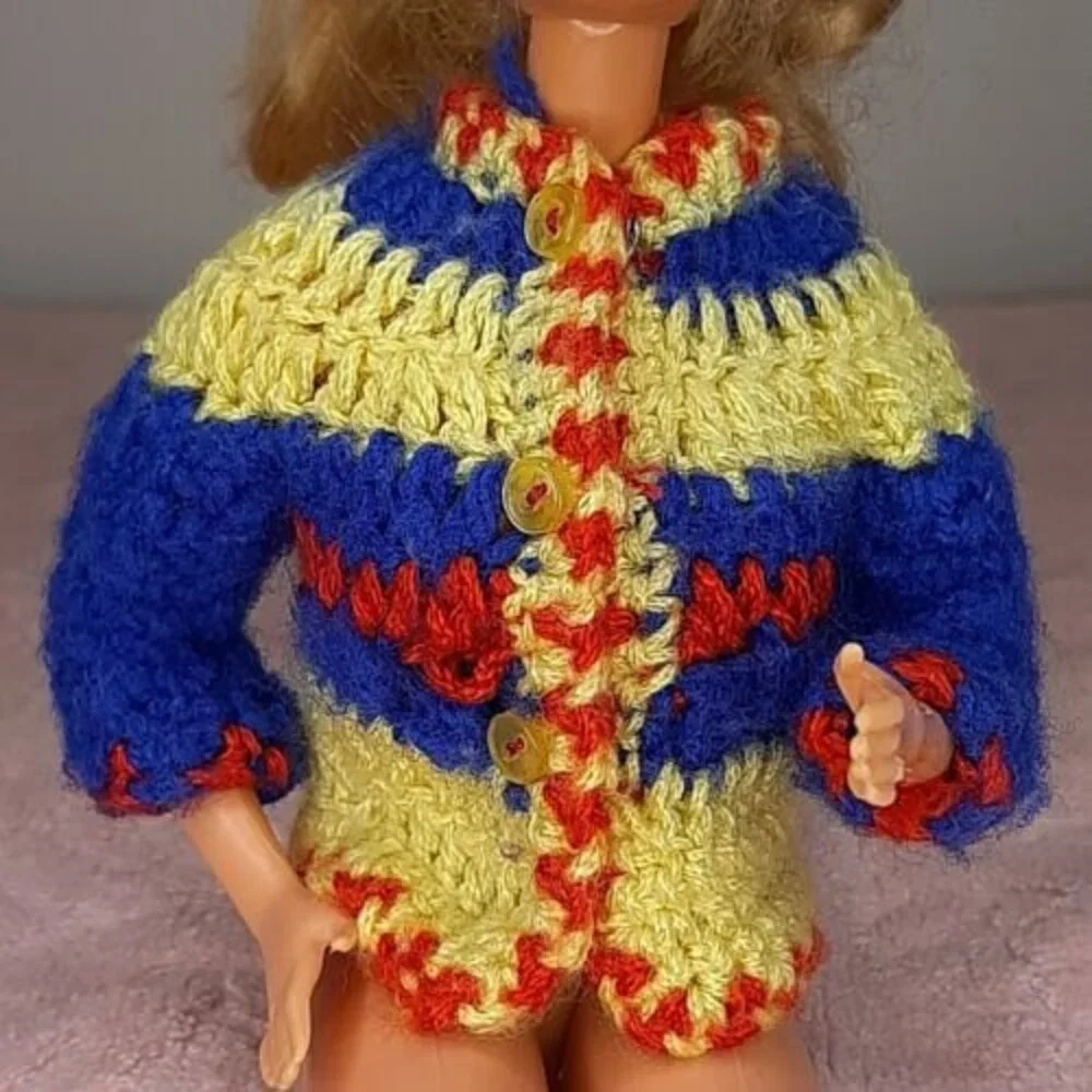 vtg Mommy-Made Handmade Barbie Fashion Doll Knit Sweater Cardigan Jacket Primary